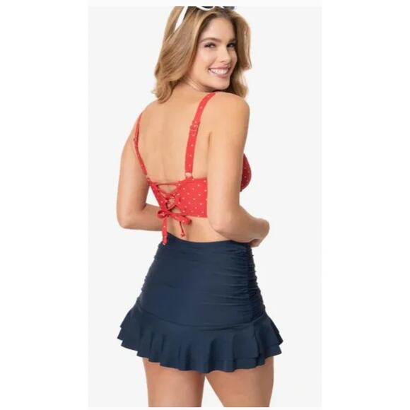 Unique Vintage Alice Swim Skirt High Rise Ruched Retro Blue Polka Dot XXL 2XL 2X - Picture 14 of 15